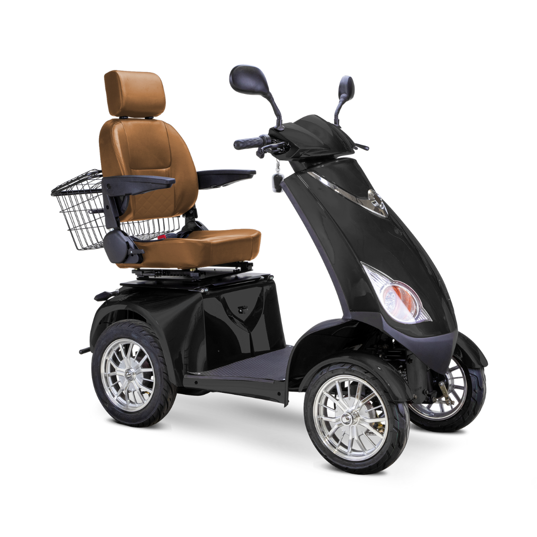 The Bespoke Platinum Recreational 4-Wheel Scooter with Electric Brake Assist, featuring a black frame, brown cushioned seat with armrests, rear storage basket, high-performance motor, and side mirrors, is shown against a white background.